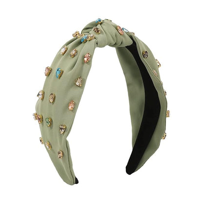 JILIYUPA Carnival Headband Rhinestone Cross Knotted Turban Hair Hoop Carnival Crystal Twist Velvet Wide Hairband Party Hair Accessory (Yellow, light green)
