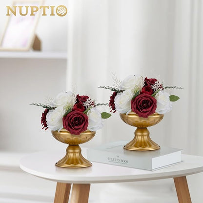 NUPTIO Flower Ball Centerpieces for Tables: 10 Pcs Crimson & White Artificial Rose Fake Floral Arrangement for Wedding Party Centerpiece Decorations 9.4 Inch Diameter