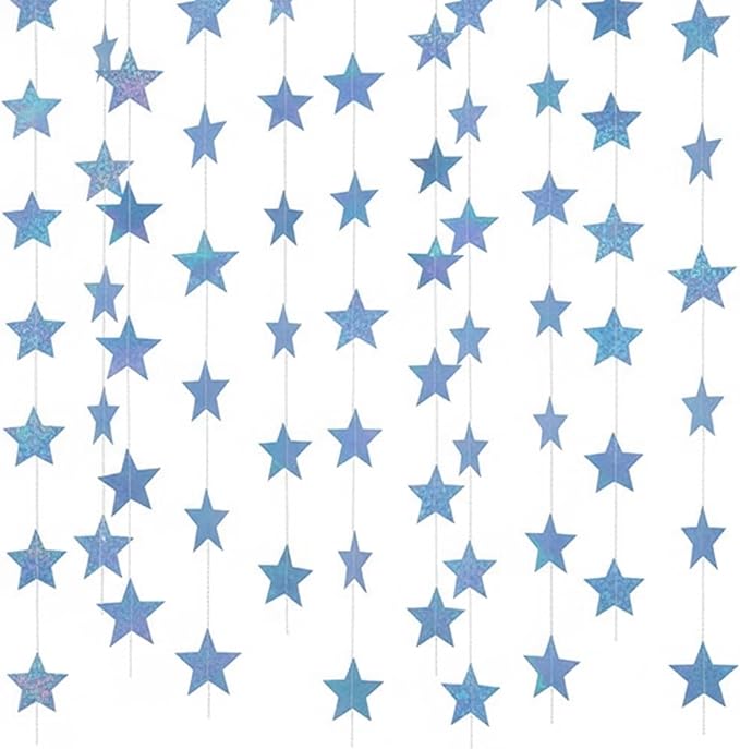 Patelai Glitter Star Garland Banner Christmas Decor 130 Feet Star Hanging Bunting Banner Twinkle Backdrop for Homecoming Classroom Wedding Birthday Halloween Party Supplies(Iridescent Blue)