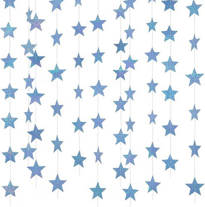 Patelai Glitter Star Garland Banner Christmas Decor 130 Feet Star Hanging Bunting Banner Twinkle Backdrop for Homecoming Classroom Wedding Birthday Halloween Party Supplies(Iridescent Blue)