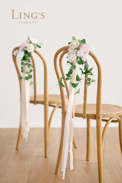 Ling's moment 8pcs Wedding Artificial Aisle Pew Flowers Chair Decorations Arrangements with Chiffon Ribbons Blush Pink Cream for Ceremony Chair Back Floral Decor Reception Church Party Outdoor