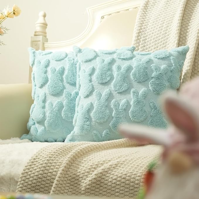 GEEORY Easter Bunny Soft Plush Pillow Covers, 20 x 20 Inch Set of 2, Fluffy Faux Fur Wool Decorative Farmhouse Cushion Case for Sofa Home Decoration Blue GC014-20