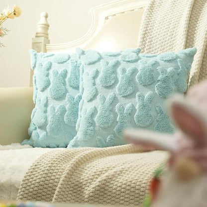 GEEORY Easter Bunny Soft Plush Pillow Covers, 20 x 20 Inch Set of 2, Fluffy Faux Fur Wool Decorative Farmhouse Cushion Case for Sofa Home Decoration Blue GC014-20