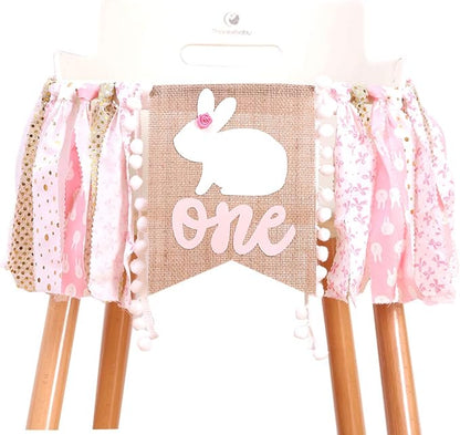 Pink Happy Birthday Banner - 1st Birthday High Chair Banner, Rabbit Themed Photo Props, Princess Party Decorations Supplies for Baby Girl