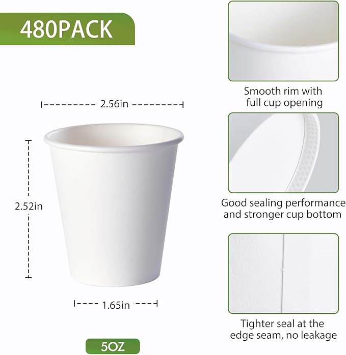 LITOPAK 480 Pack 5 oz Disposable Paper Coffee Cups, White Hot Espresso Cups for Party, Picnic, and Travel