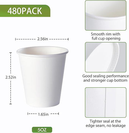 LITOPAK 480 Pack 5 oz Disposable Paper Coffee Cups, White Hot Espresso Cups for Party, Picnic, and Travel
