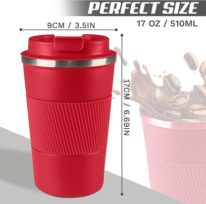 Vacuum-Insulated Stainless Steel Travel Coffee Mug, Leak-Proof Reusable Coffee Cup with Lid - Keep Hot & Cold Drinks for Hours, Durable Insulated Tumbler for Men & Women(3rd-Red, 17OZ)