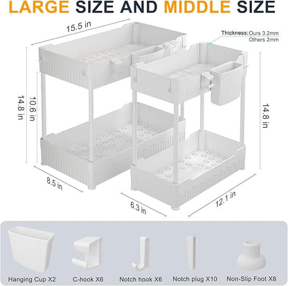 2 Pack Under Sink Organizer, Under Bathroom Cabinet Organizer with Hooks Hanging Cup, Multi-Purpose Storage Shelf for Kitchen Bathroom (White, 14.8 Inch)