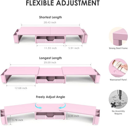 OPNICE Desk Organizers and Accessories, Dual Monitor Stand Riser with Drawer and 2 Pen Holders, Desk Shelf Metal Computer Racks for Office Workspace Organizers, Desktop Organization (Pink Metal)