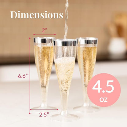 Prestee Set of 24 Silver Glitter Plastic Champagne Flutes - 4.5 oz Capacity - Shatterproof Durable Disposable Glasses - Elegant Design - Ideal for Weddings, Cocktail Parties, and Outdoor Celebrations