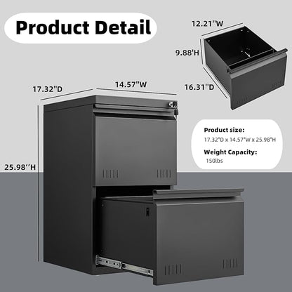 2 Drawer File Cabinets for Home Office, Vertical File Cabinet with Lock, Office Cabinet for A4/Letter/Legal Size, Under Desk Filing Cabinet, Assembly Required(Black)