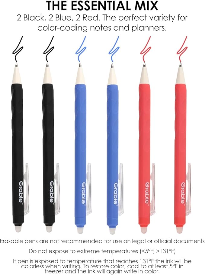Grabie Erasable Gel Pens, Medium Point 0.7 mm Erasable Pens, Make Mistakes Disappear for Drawing Writing Planner, Pack of 6, Black/Blue/Red