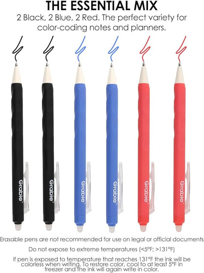Grabie Erasable Gel Pens, Medium Point 0.7 mm Erasable Pens, Make Mistakes Disappear for Drawing Writing Planner, Pack of 6, Black/Blue/Red