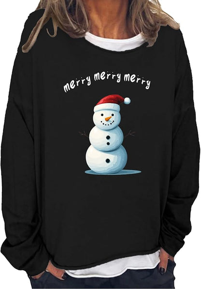 LOAIHA Christmas Shirts for Women Crewneck Snowman Snowflake Santa Graphic Shirts Christmas Tree Long Sleeve Xmas Hoodie