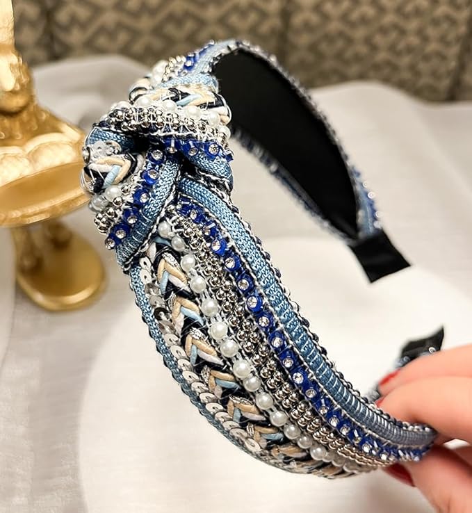 Women's Boho Knotted Sequin Pearls Headbands for Women Non Slip, Girls Top Knot Sparkly Wide Hair Accessories Christmas Gift (Boho Blue Knot)