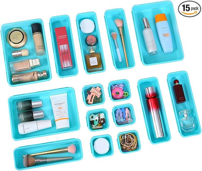 15 PCS Interlocking Desk Drawer Organizer Separator for Office,Bathroom,Kitchen,Makeup（Blue&Green）