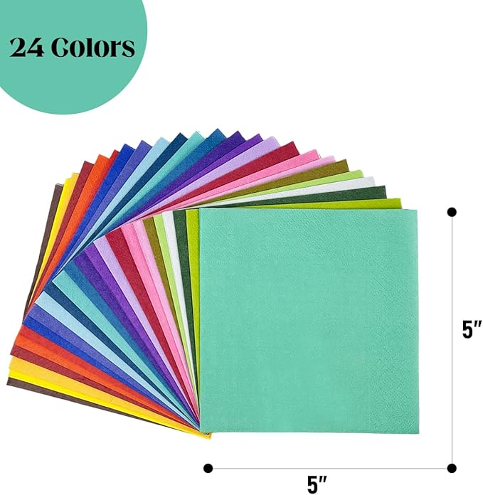24 colors Cocktail Napkins 5 * 5inch disposable Beverage Napkin paper for Cocktail, Wedding, Dinner，Brithday Party Dessert Wine Paper Napkins（ 120 Count）
