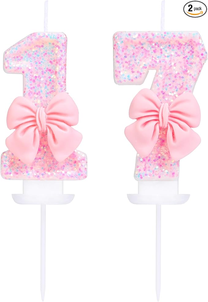 Number 17 Candle Pink Sequins and Bowtie 17th Cake Topper, 17 Birthday Candle for Girls Pastel Sweet Theme Birthday Party or Adults Milestone Age Decoration