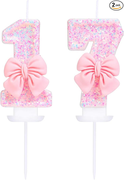 Number 17 Candle Pink Sequins and Bowtie 17th Cake Topper, 17 Birthday Candle for Girls Pastel Sweet Theme Birthday Party or Adults Milestone Age Decoration