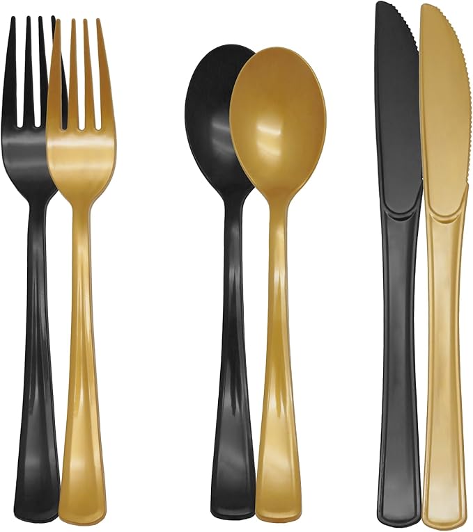 150 Pieces Black and Gold Plastic Silverware Heavy Duty 75 Black Plastic Utensils and 75 Gold Cutlery Tableware Sets Includes Spoons Forks Knives for Birthday Party, 2026 New Year