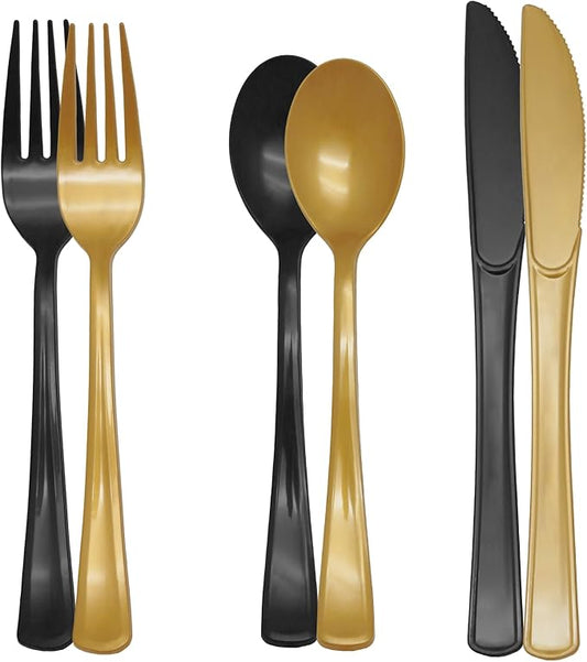 150 Pieces Black and Gold Plastic Silverware Heavy Duty 75 Black Plastic Utensils and 75 Gold Cutlery Tableware Sets Includes Spoons Forks Knives for Birthday Party, 2026 New Year
