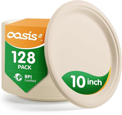 𝟏𝟎 𝐈𝐧𝐜𝐡, 𝟏𝟐𝟖-𝐏𝐚𝐜𝐤 Compostable Paper Plates, Heavy-Duty Biodegradable Disposable Dish Made from Bagasse, Perfeck for Snacks, Desserts, Party, Wedding and More (Nature)