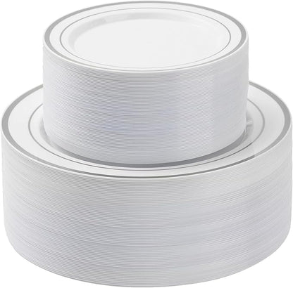 BESTSTAR 100PCS Silver Plastic Plates Set, 50 10.25 inch Dinner Plate and 50 7.5 inch Dessert Plates, Premium Disposable Plates for Party, Wedding