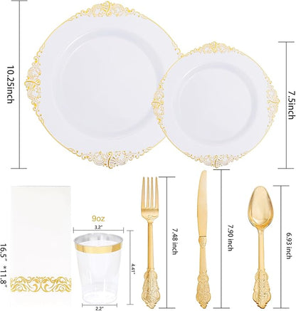 Nervure 350PCS Gold Plastic Dinnerware - White and Gold Disposable Plates for 50 Guests - 100 White Disposable Plates, 150 Plastic Silverware, 50 Cups, 50 Napkins for Wedding & Party & Thanksgiving