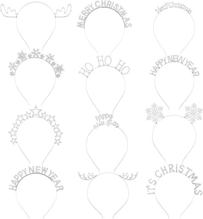 Yunlly 12 Pcs Christmas Headbands Set Rhinestone Xmas Headbands Cute Reindeer Antler Snowflake Star Headpiece Christmas Happy New Year Holiday Party Accessories for Women Girls