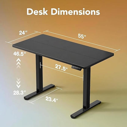 HUANUO Electric Standing Desk, 55 x 24 Inch Height Adjustable Computer Desk with Storage Bag, 4 Height Memory Settings, Sit Stand Up Desk for Home Office, Deep Black
