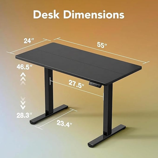 HUANUO Electric Standing Desk, 55 x 24 Inch Height Adjustable Computer Desk with Storage Bag, 4 Height Memory Settings, Sit Stand Up Desk for Home Office, Deep Black