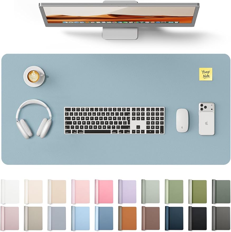 YSAGi Leather Desk Protector, Office Mat, Large Mouse Mat, Non-Slip PU Leather Blotter, Laptop Desk Pad, Waterproof Writing Pad for Office and Home (Ice Blue, 31.5" x 15.8")