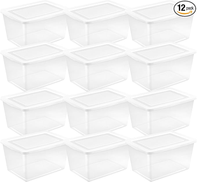 Sterilite 12 Pack Storage Boxes, Clear Plastic Stackable Containers, Lightweight Home Organizers with Snap Lids, 58 Quart, White