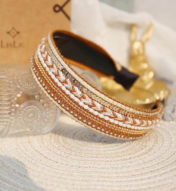 Women's Boho Sequin Pearls Headbands for Women Non Slip, Girls Sparkly Wide Hair Accessories Christmas Gift (Boho Yellow Wide)