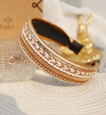 Women's Boho Sequin Pearls Headbands for Women Non Slip, Girls Sparkly Wide Hair Accessories Christmas Gift (Boho Yellow Wide)