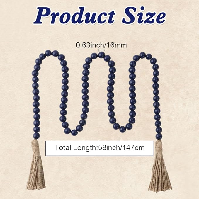 Wood Bead Garland 58 Inch Blue Wooden Beads for Boho Farmhouse Table Home Decor with Tassel, Wooden Prayer Bead, Rustic Country Boho Wall Hanging Decor for Kitchen Modern Living Room Tray Vase Shelf