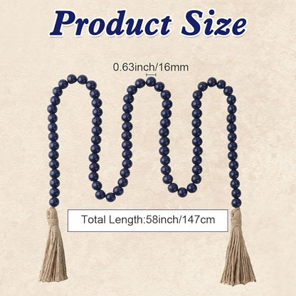 Wood Bead Garland 58 Inch Blue Wooden Beads for Boho Farmhouse Table Home Decor with Tassel, Wooden Prayer Bead, Rustic Country Boho Wall Hanging Decor for Kitchen Modern Living Room Tray Vase Shelf