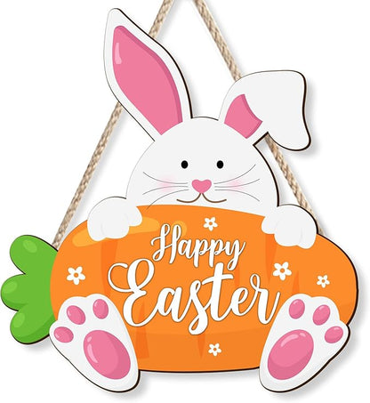 Kercan Wooden Easter Decor Rabbit Door Wreath for Front Door Sign Wall Spring Signs, Bunny Sign Welcome Hanging for Home Wall Decor Party Indoor Decoration, 10.6x11.4Inches