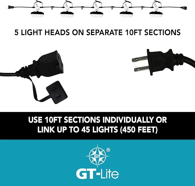 GT-Lite 50FT LED Work Light 7500 Lumen 75W LED Damp Location Construction String Lights Linkable for Jobsite Lighting, Adjustable, ETL Listed (5 Light Heads) (7500 Lumen)