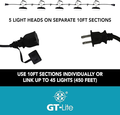 GT-Lite 50FT LED Work Light 7500 Lumen 75W LED Damp Location Construction String Lights Linkable for Jobsite Lighting, Adjustable, ETL Listed (5 Light Heads) (7500 Lumen)