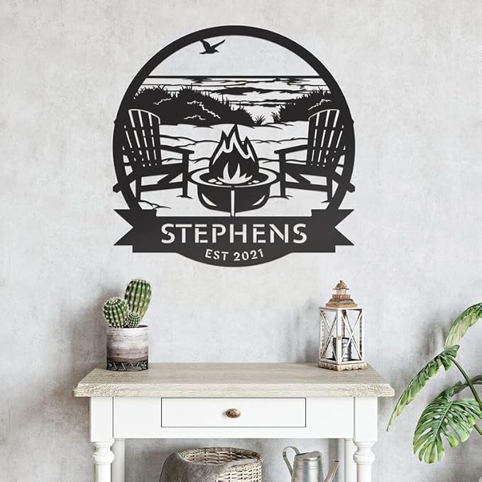 RealSteel - Beach Campfire Monogram, Custom Home & Wall Decor, Personalized Sign, Outdoor Campsite, 24" Round Rustic Steel Sign, Wall Mount, American Made