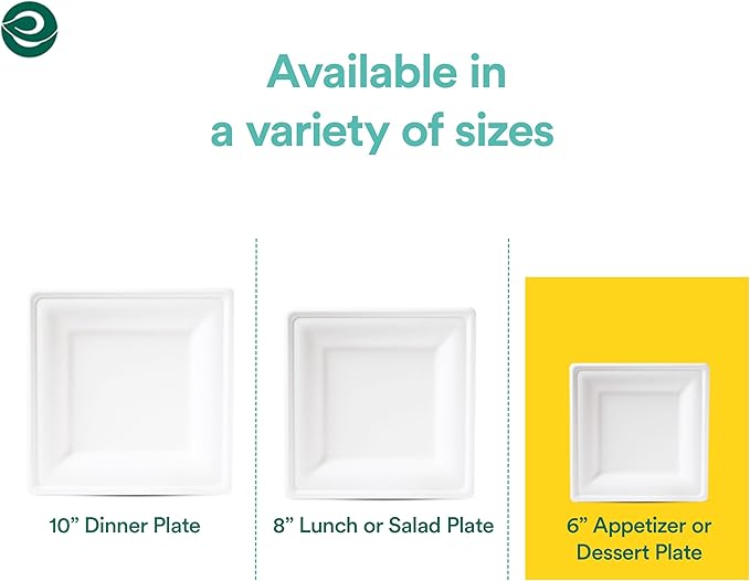 ECO SOUL Compostable Square Paper Plates 6 Inch (400 Count) for Thanksgiving Dessert, Heavy Duty, Eco-Friendly Sugarcane Bagasse Small Plates For Appetizer- White