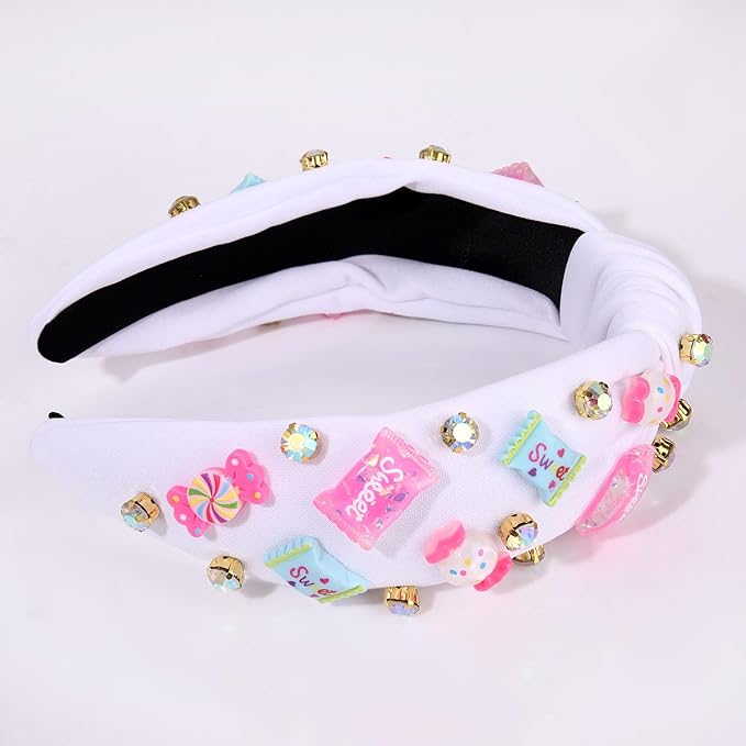 Knotted Headband for Women Lollipop Candy Charms Crystal Jeweled Embellished Top Knot Hairband Statement Wide Turban Hair Hoop Funny Gifts for Girls Sister Birthday Xmas Holiday Party