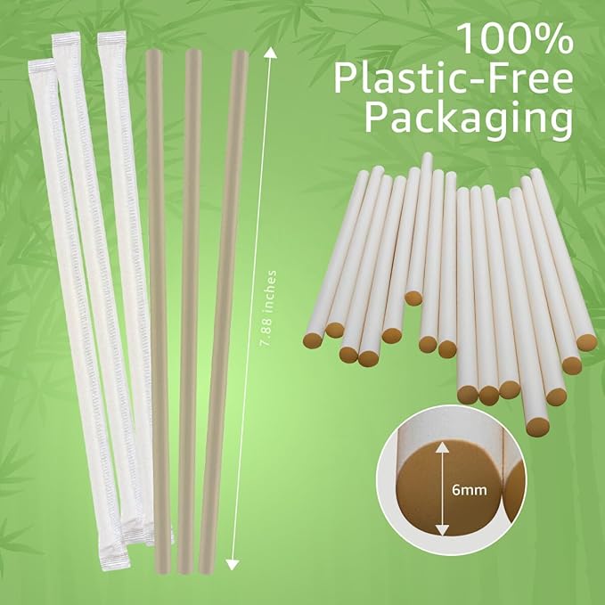 Ibambo Powder Bamboo Straws (250-Pack) - 7.88" Disposable Straws Individually Wrapped | 100% Compostable | Durable & Biodegradable | Made for Hot & Cold Drinks | Perfect for Weddings, Parties & Events