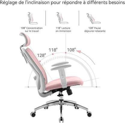 SIHOO M18 Ergonomic Office Chair, Computer Desk Chair with Adjustable Headrest and Lumbar Support, High Back Executive Swivel Chair for Home Office (Light Pink)