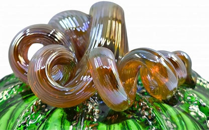 Luke Adams Glass | Handmade Glass Pumpkins | Handmade Table Top Home Decor (Squat, Green Tinsel)