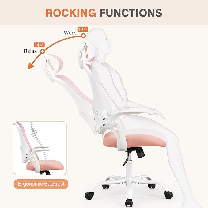 Sweetcrispy Office Computer Desk Chair, Ergonomic High-Back Mesh Rolling Work Chairs with Wheels and Adjustable Headrests, Comfortable Lumbar Support, Comfy Flip-up Arms for Home, Bedroom, Study, Pink