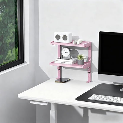 Spacrea clamp on Desk Shelf, 2 Tier Office Desk Shelves Organizer, Wood Desktop Supplies Storage Rack, Desk Organizers and Accessories (Pink)