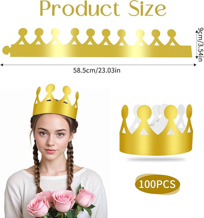 100 Pcs Birthday Crowns for Kids, Golden King Paper Crown Bulk Foldable & Adjustable Birthday Party Favors Hats Baby Shower Headwear for New Year Celebration Wedding Anniversary Photo Props Supplies