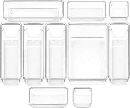 Clear Acrylic Drawer Organizer Trays, 5 Size Junk Box Organization Small Storage Container Bin for Desk Makeup Bathroom Vanity Kitchen Tool Make Up Workspace Home Dorm Apartment Office Room Nightstand